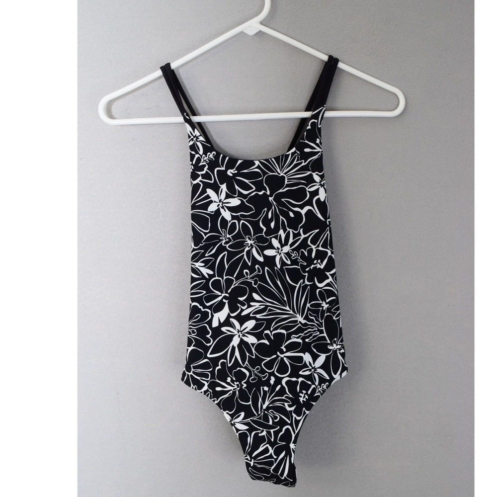Athleta One Piece Swimsuit L 12 Black White Floral Racerback Girls Swimwear